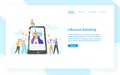 Web banner template with smartphone, woman with bullhorn on screen and customers surrounding her. Influencer marketing