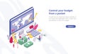 Web banner template with tiny people walking near computer with app for budget planning, sitting on money bills