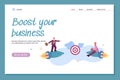 Web banner with two businessmen competitors flying on fast rockets to target.