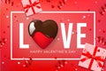 Web banner for Valentine`s Day. Top view on composition with chocolate heart, gift box, confetti and streamers, vector