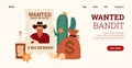 Web banner for wanted of american wild west bandit cowboy dead or alive. Royalty Free Stock Photo