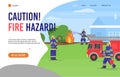 Web banner warning of fire hazard with firefighters flat vector illustration.