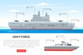 Web Banner with Warship or Combatant Ship as Marine Vessel for Naval Warfare Vector Template