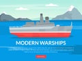 Web Banner with Warship or Combatant Ship as Marine Vessel for Naval Warfare Vector Template