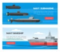 Web Banner with Warship or Combatant Submarine Ship as Marine Vessel for Naval Warfare Vector Template