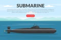 Web Banner with Warship or Combatant Submarine Ship as Marine Vessel for Naval Warfare Vector Template