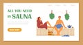 Web banner with young couple man and woman relaxing at hot steam sauna or spa. Royalty Free Stock Photo