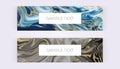 Web banners with liquid marble texture. Grey, blue and golden glitter ink painting abstract pattern. Modern templates for invitati