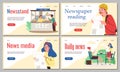 Web banners with people buying newspapers in newsstand and reading daily press