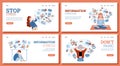 Web banners set on information stress and overload, cartoon vector illustration.