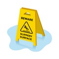 beware, slippery surface sign, puddle Royalty Free Stock Photo