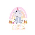 Birthday of the hippo. Children\'s design in doodle style. Happy birthday.