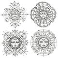 Black and white design set with fantasy mystic symbols and signs of sun and moon