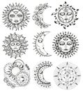 Black and white design set with fantasy mystic symbols and signs of sun and moon