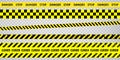 Black and yellow police stripe border, construction, danger, closed caution tapes set. Set of danger caution grunge tapes. Royalty Free Stock Photo