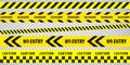 Black and yellow police stripe border, construction, danger, no entry caution tapes set. Set of danger caution grunge tapes. Royalty Free Stock Photo