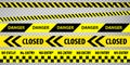 Black and yellow police stripe border, construction, danger, no entry closed tapes set. Set of danger caution grunge tapes Royalty Free Stock Photo