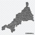 Blank map Cornwall of United Kingdom. High quality map Region Cornwall with municipalities on transparent background Royalty Free Stock Photo