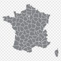 Blank map France. Departments of France map. High detailed gray vector map of France on transparent background for your web site d