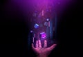 Web3, Blockchain Technology Concepts. Hand Levitating a Digital Smiling Box Icon and many Futuristic Graphic to Connecting the