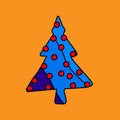 Blue ÃÂhristmas tree and red Xmas balls. Doodle cartoon fun multicilor element.