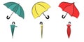 Blue yellow and red umbrellas vector icon set illustration