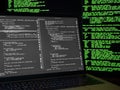 Web breaching. Hacker looking for backdoors and exploiting vulnerability. Black and white code on the laptop with virus green