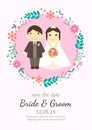 Bride and groom on soft pink background vector illustration.Cute couple married cartoon design for wedding card invitation. Royalty Free Stock Photo