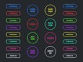 Web buttons. Neon glowing navigation button. Buy, now and learn, more. Download and read, labels for shop or game ui Royalty Free Stock Photo