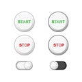 Web buttons set. Vector. White plastic round solid buttons. icons for internet: start, stop, slide button slider bar . Pressed