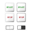 Web buttons set. Vector. White plastic round solid buttons. icons for internet: start, stop, slide button slider bar . Pressed