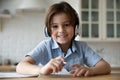 Web camera view smiling little kid boy holding video call.