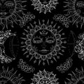 Celestial seamless pattern with fantasy mystic symbols and signs of sun and moon. Royalty Free Stock Photo