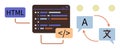 Web Code Translation Process with Programming Interface and Language Conversion Indicators Royalty Free Stock Photo