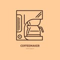 Coffeemaker, coffe machine vector line icon. Barista equipment linear logo. Outline symbol for cafe, bar, shop. Royalty Free Stock Photo