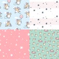 Collection of adorable seamless patterns with cute mice characters, air balloons and stars.