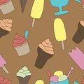 Colorful ice-cream seamless pattern. Brown background. Summer food vector illustration. Sweet Frozen Desserts. Design for wrapping Royalty Free Stock Photo