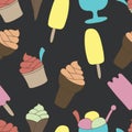 Colorful ice-cream seamless pattern. Dark gray background. Summer food vector illustration. Sweet Frozen Desserts. Royalty Free Stock Photo