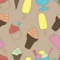 Colorful ice-cream seamless pattern. Light beige background. Summer food vector illustration. Sweet Frozen Desserts.