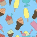 Colorful ice-cream seamless pattern. Light blue background. Summer food vector illustration. Sweet Frozen Desserts. Royalty Free Stock Photo