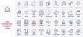 Web communication trendy red black thin line icons set, upload, download and update data and geo location
