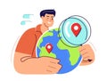 Search internet world wide. Web concept. User with magnifying glass looks at globe in order to find information