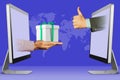 Web concept, two hands from computers. hand with gift box and thumbs up, like. 3d illustration Royalty Free Stock Photo