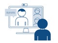 Web conference icon with people and web camera in blue. Videoconference concept, online course, distant education, video lecture,