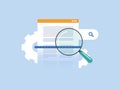 Web crawler check website browser content. Magnifying lens with gears symbolizing search engine robots and website Royalty Free Stock Photo