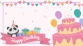 The panda stood beside the gift box with a cake decorated with balloons, flags and candy in many colors at the birthday.