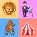 Cute cartoon style set with circus performance actors characters. Trained lion, magician, bear on bicycle,circus tent illustration Royalty Free Stock Photo