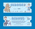 Cute circus ticket templates with happy bear on bicycle, strong man and mysterious magician illusionist with his magic hat