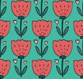 Cute seamless pattern vector background with hand drawn red tulip flower doodle with hearts in simple style on green. Royalty Free Stock Photo