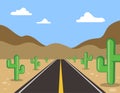 Desert road, cactus and sand Royalty Free Stock Photo